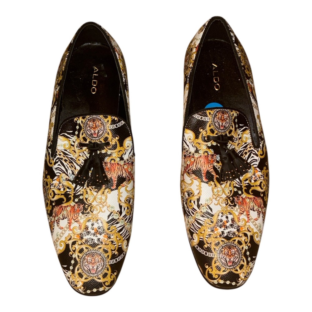 Aldo Mens Baroque Tiger Print Tassel Loafers Black Gold Slip On Shoes Size 10 - Picture 2 of 9